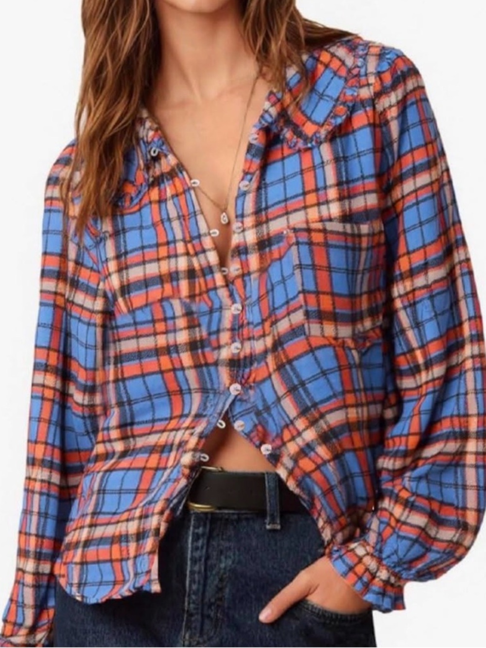 Pilcro Blue and Orange Plaid Button-Front Blouse